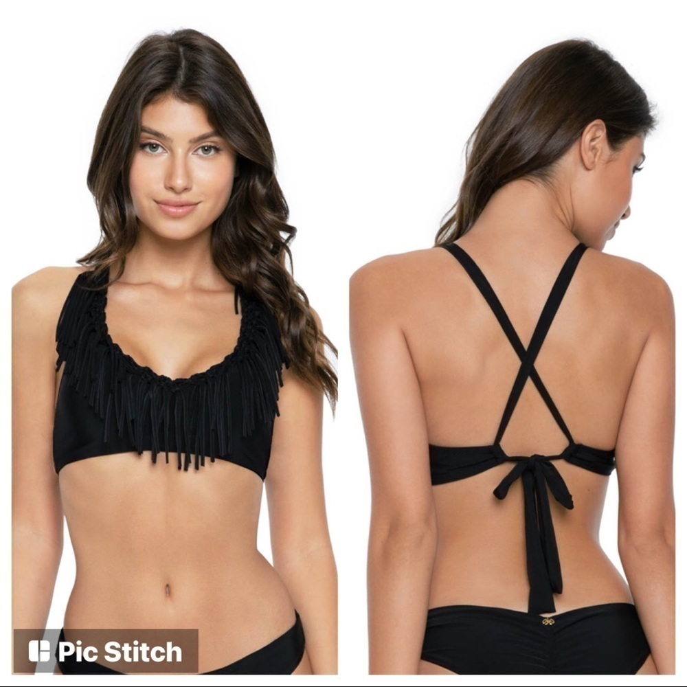 Pilyq PQ Black Fringe X-Back Bralette Bikini Top